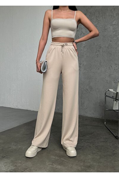 Babelook Kadın Bej Modal Kumaş Bol Paça Beli Bağcıklı Yüksek Bel Palazzo Eşofman Altı