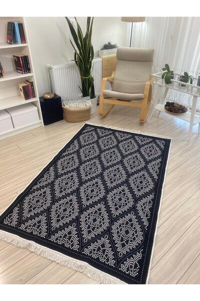 stay with love Siyah-beyaz Kilim Pamuklu Dokuma Yıkanabilir Modern Desenli Çi...