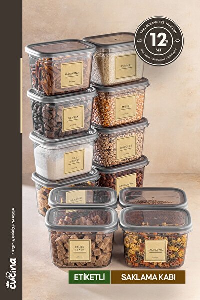 Stile Cucina 1300 ml Anthracite 12-Piece Rectangular Storage Set with Large Size Plastic Lid - Labeled
