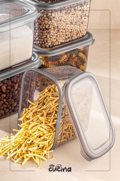 Stile Cucina 1300 ml Anthracite 6-Piece Large Size Rectangular Storage Set with Plastic Lid - Labeled