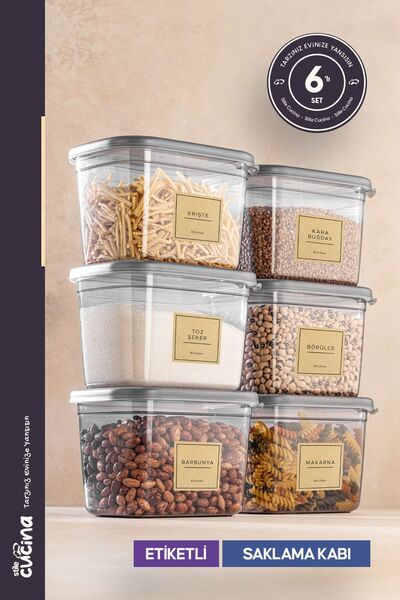 Stile Cucina 1300 ml Anthracite 6-Piece Large Size Rectangular Storage Set with Plastic Lid - Labeled