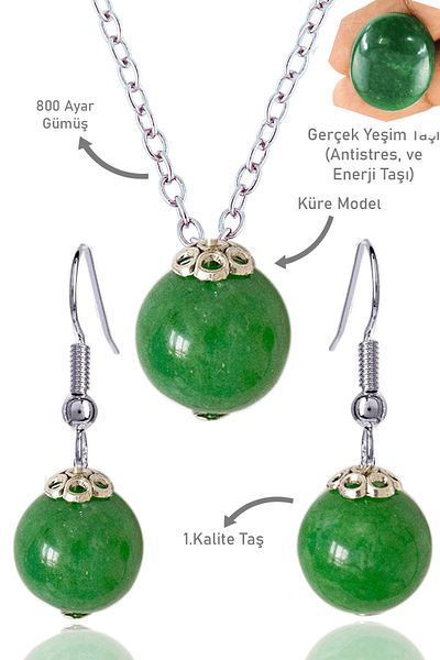 Tesbih Atölyesi Jade Globe Model Necklace and Earring Set - Silver Apparatus