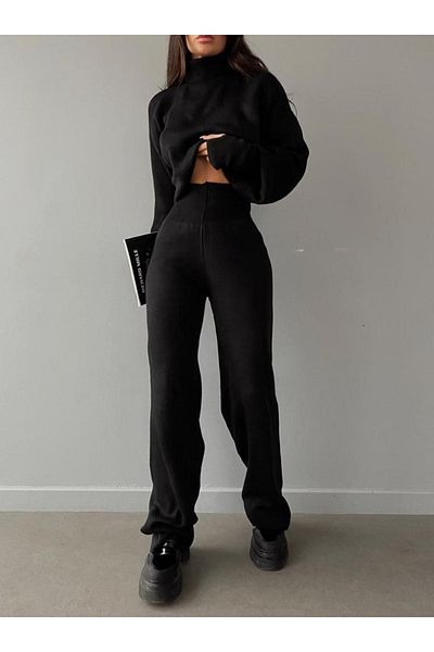 munora butik Women's Turtleneck Top and Bottom Finger Sartre Set