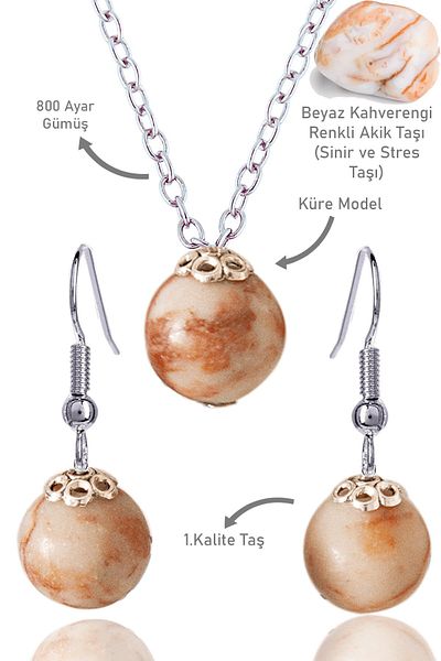 Tesbih Atölyesi White Brown Globe Model Agate Stone Necklace and Earring Set - Silver Apparatus