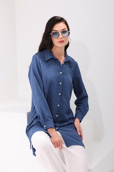 Shine Fine Cămașă tunică cu nasturi bleumarin pentru femei
