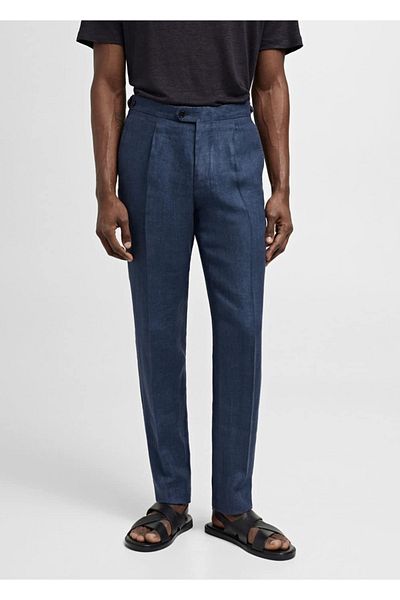 MANGO Man 100% Houndstooth Linen Slim Fit Fabric Pants