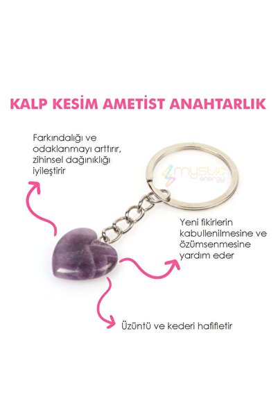 Mystic Energy Doğal Taş Ametist Taşı Kalp Kesim Anahtarlık| | Hediyelik Doğaltaş