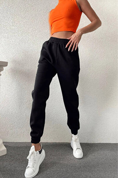 Zechka Γυναικείο μαύρο φούτερ με τρεις κλωστές με επένδυση (ZCK0577)