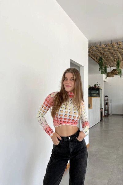 Zechka Women's Multicolor Turtleneck Asymmetrical Print Blouse (Zck0544)