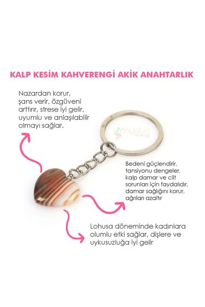 Mystic Energy Doğal Taş Kahverengi Akik Kalp Kesim Anahtarlık | Hediyelik Doğ...