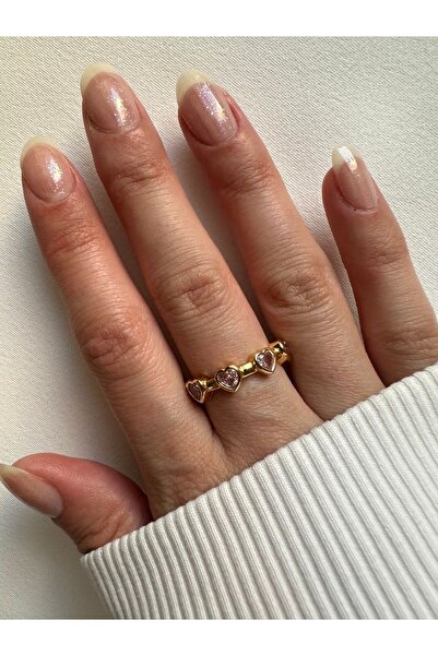 ringbox Pembe Taşlı Kalp Detaylı Ayarlanabilir Gold Yüzük