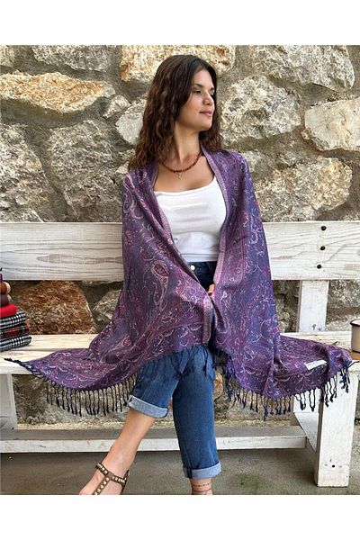 ByEnBi Navy Blue Pink Pashmina Shawl - 70x185, 50% Modal Silk