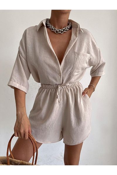 LB Laluna Butik Σετ σορτς γυναικείο κρεμ λινό ύφασμα Oversize πουκάμισο