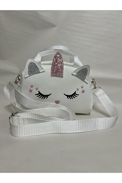 çantaevim Geantă de umăr pentru fetiță albă cu bretele cu sclipici unicorn
