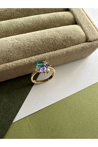 ringbox Gold Blue Purple Stone Detailed Ring