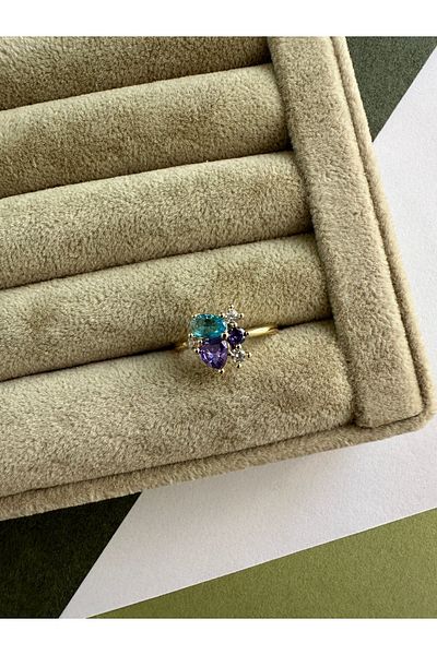 ringbox Gold Blue Purple Stone Detailed Ring