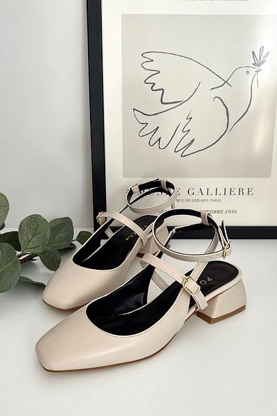 POLKA STORE Dámské Mary Jane Béžová Nude Tan Matná kůže Otevřená zadní hranatá špička Krátké boty na podpatku s blokem a přilbou