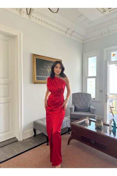 Sindimoda Fiona Single Sleeve Luxury Satin Evening Dress - Draped