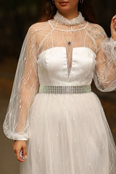 PHUDRA LİNE Kadın Midi Boy Tamamı Tül Uzun Kol Abiye Elbise Kına Nikah Düğün Isteme Söz Mevlüt Parti Elbise