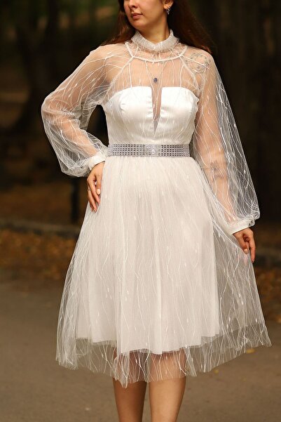 PHUDRA LİNE Kadın Midi Boy Tamamı Tül Uzun Kol Abiye Elbise Kına Nikah Düğün Isteme Söz Mevlüt Parti Elbise