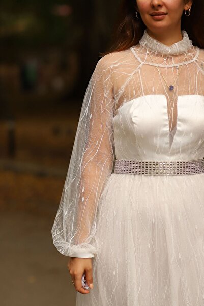 PHUDRA LİNE Kadın Midi Boy Tamamı Tül Uzun Kol Abiye Elbise Kına Nikah Düğün Isteme Söz Mevlüt Parti Elbise