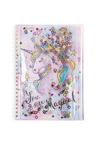 ileri grup A5 Boy Simli Ve Sulu Şeffaf Kalemlikli Defter - Unicorn