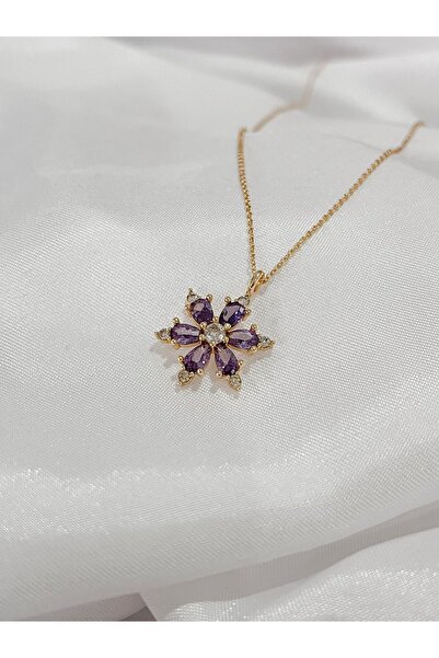 Jewelyf Lotus Çiçeği Mor Kolye Çiçek Kararmaz Altın Kaplama Zirkon Taşlı