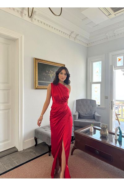 Sindimoda Fiona Single Sleeve Luxury Satin Evening Dress - Draped