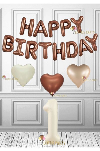 LOTUS PARTY 1 έτους καφέ Happy Birthday Foil Balloon - Καφέ καρδιά και κρεμ χρώματος Foil Balloon