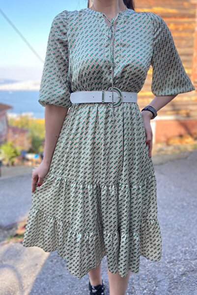 PHUDRA LİNE Kadın Yeşil Midi Boy Saten Kloş Elbise