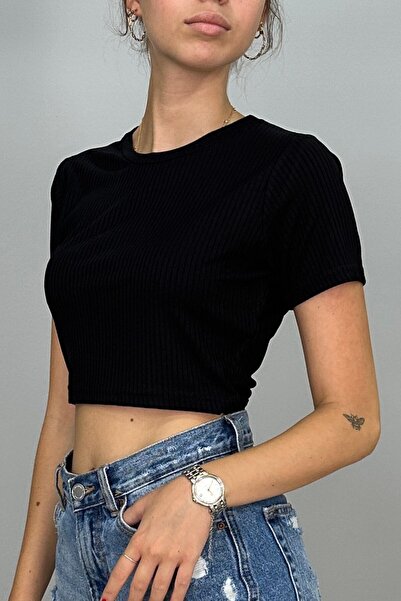 Tam Moda Γυναικείο T-shirt Crop Crew Neck Lycra με ραβδώσεις πλεκτό