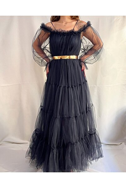 FASHİONCLUB Kadın Lacivert Tamamı Tül Uzun Boy Uzun Kol Düğün Nişan Kına Isteme Davet Abiye Elbise