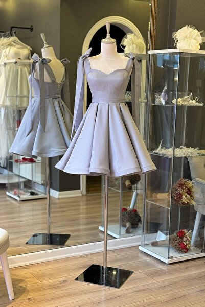 Lenta Moda Gri Omuzdan Bağlamalı Mini Saten Abiye ve Gece Elbisesi
