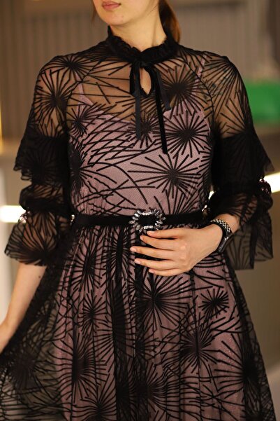 degaje Kadın Siyah Midi Boy Dantel Detaylı Abiye Düğün Nişan Kına Mevlüt Gece Davet Elbise