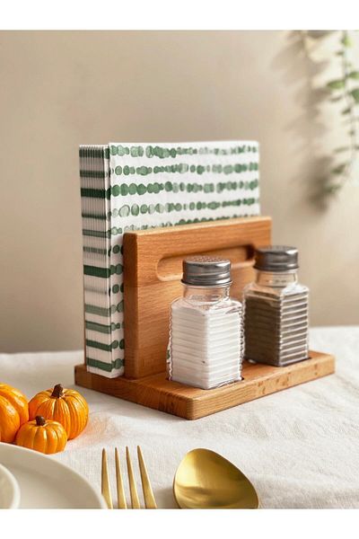NOBLERAVEN DESIGN Curved Glass Square Salt and Pepper Shakers, Wooden Napkin Holder, Wooden Salt and Pepper Shakers, Wooden Spice Shakers,