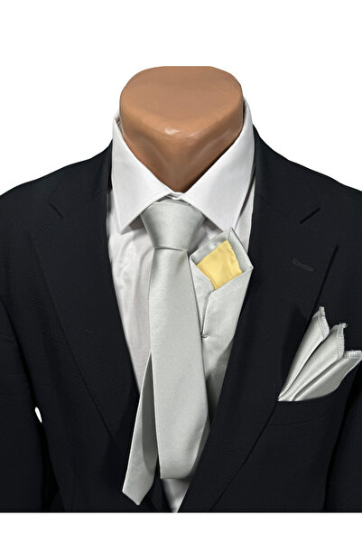 HARES Limited Edition Silver Gray Satin Handmade Tie & Handkerchief