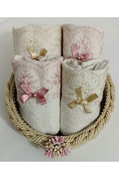 FNT Round Knit Basket 4 Pieces Cotton Scalloped Towel with Bow in Size 30*50