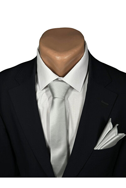 HARES Limited Edition Silver Gray Satin Handmade Tie & Handkerchief