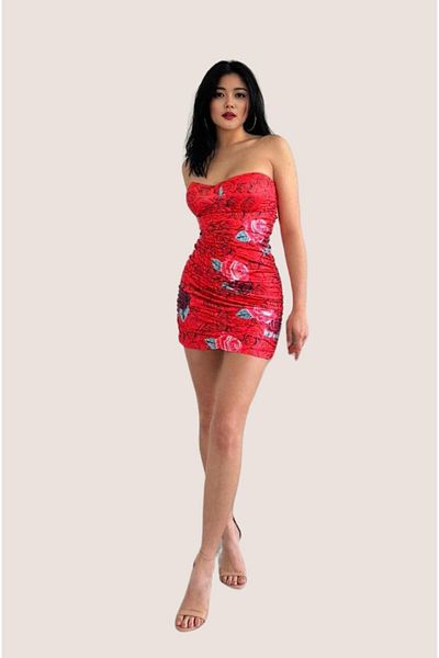 WOMAN VISION Red Floral Patterned Drape Women's Evening Dress - Flexible Fabric 002