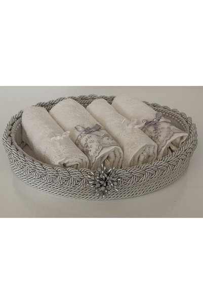 FNT Oval Knitted Basket 4Pcs 30*50 Cotton Scalloped Bow Towel Gift Bundle Dowry