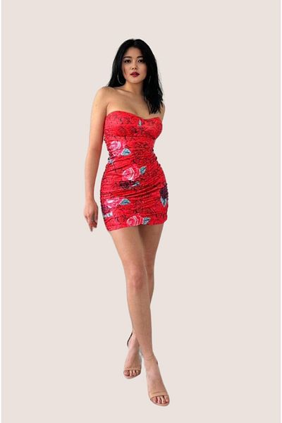 WOMAN VISION Red Floral Patterned Drape Women's Evening Dress - Flexible Fabric 002