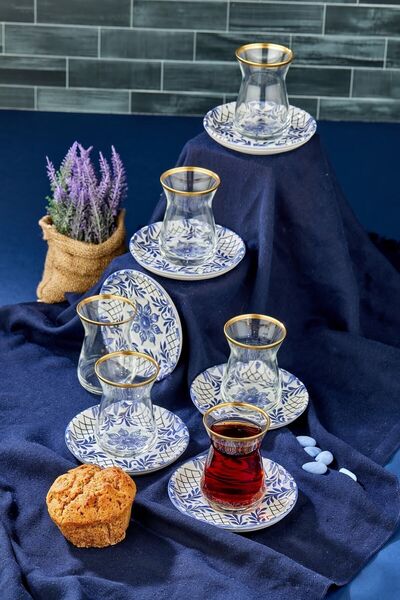 Babion Authentic Design Clear Series Ceramic 12 Piece Gold Tea Cup Set, Tea Set