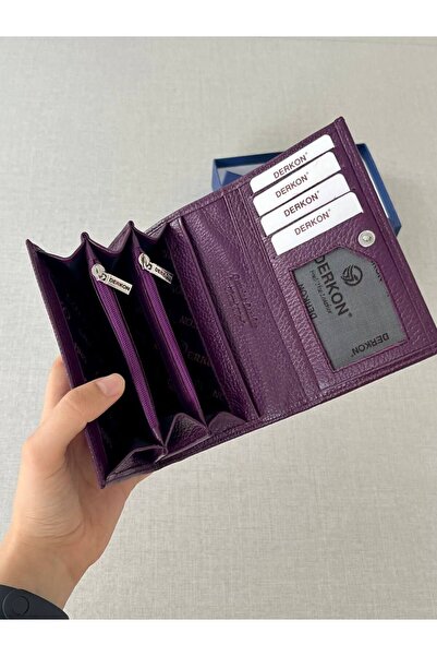 DERKON Mendy Model Useful Genuine Leather Medium Size Women's Wallet Purple Color