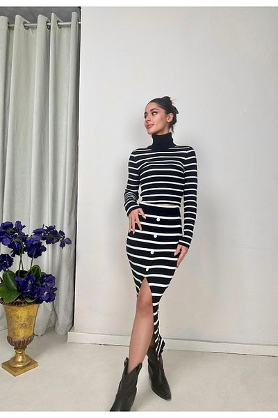 munora butik Turtleneck Striped Bottom Top Black Set