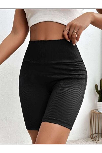 LEMAR MODA Kadın Siyah Yüksek Bel Pamuklu Esnekli Fitilli Penye Kumaş Kısa Spor Tayt Spor Şort Tayt 2024