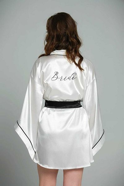 Lasilla White Satin Bat Sleeve Bride Kimono, Bride Morning Gown