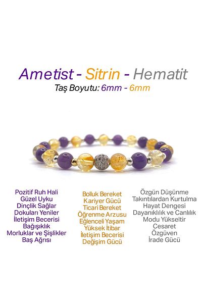 OSMANLI DEĞERLİ TAŞ Certified Original Genuine 6mm Amethyst - Citrine - Gray Hematite - Zircon Apparatus Line Bracelet