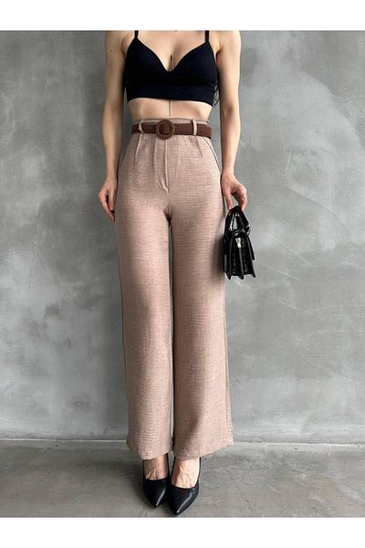 DENİKK Trend Waist Belt Loose Leg Palazzo Linen Pants