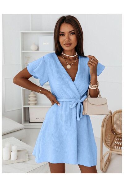 machiavelli ЖІНОЧА СИНЬО-БЛАКИТНА КРУЗА З КРУГЛИМ ВИРІЗОМ, ПЛАТЬО З ДЕТАЛЯМИ З ТКАНИНИ ТА ПАСОМ