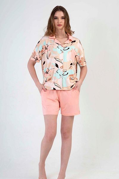 VİENETTA Γυναικείο κοντομάνικο off-Shoulder Σετ πιτζάμες με κοντομάνικο σορτς με όλα τα κουμπιά 
 , 210145